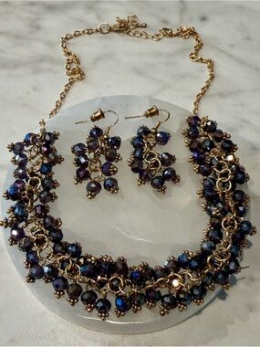 Gold Chain Necklace and Earring Set with Iridescent Dark Blue Beads